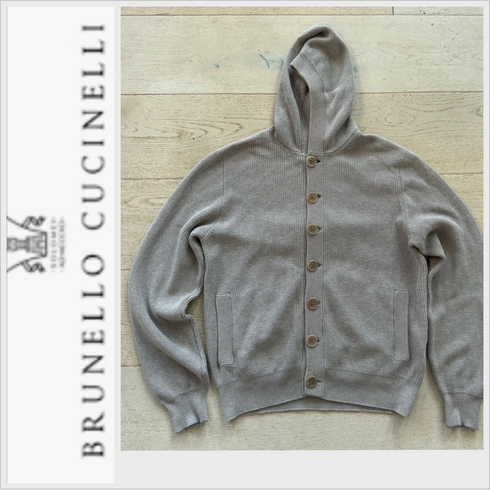 $2,200 MSRP Brunello Cucinelli Taupe Cardigan Hooded hoodie Men Size IT48